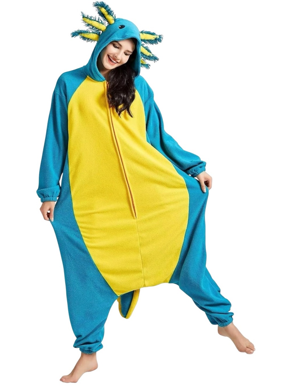 Kids Axolotl Plush Onesie Costume Pajamas Blue Yellow 10-11 Years Cosplay